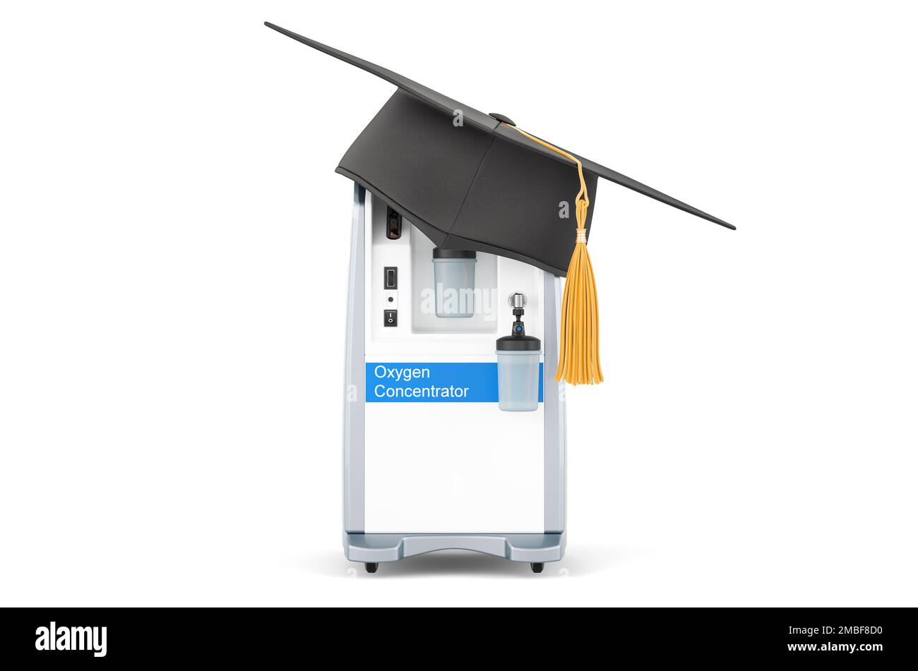 Home Oxygen Concentrator with education hat. 3D rendering isolated on