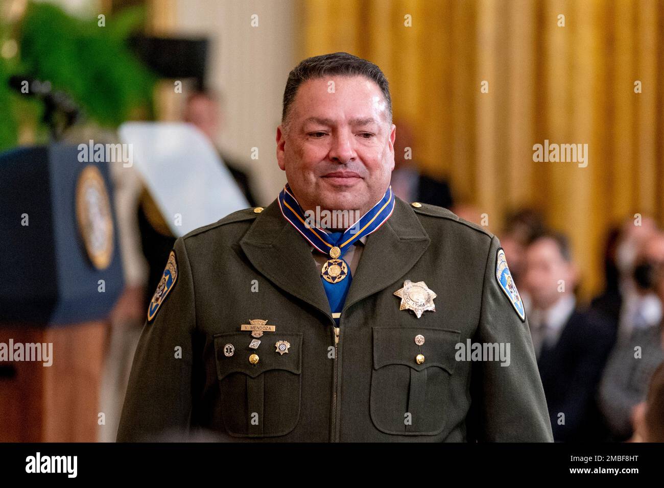California Highway Patrol officer Vincent Mendoza is award the Public