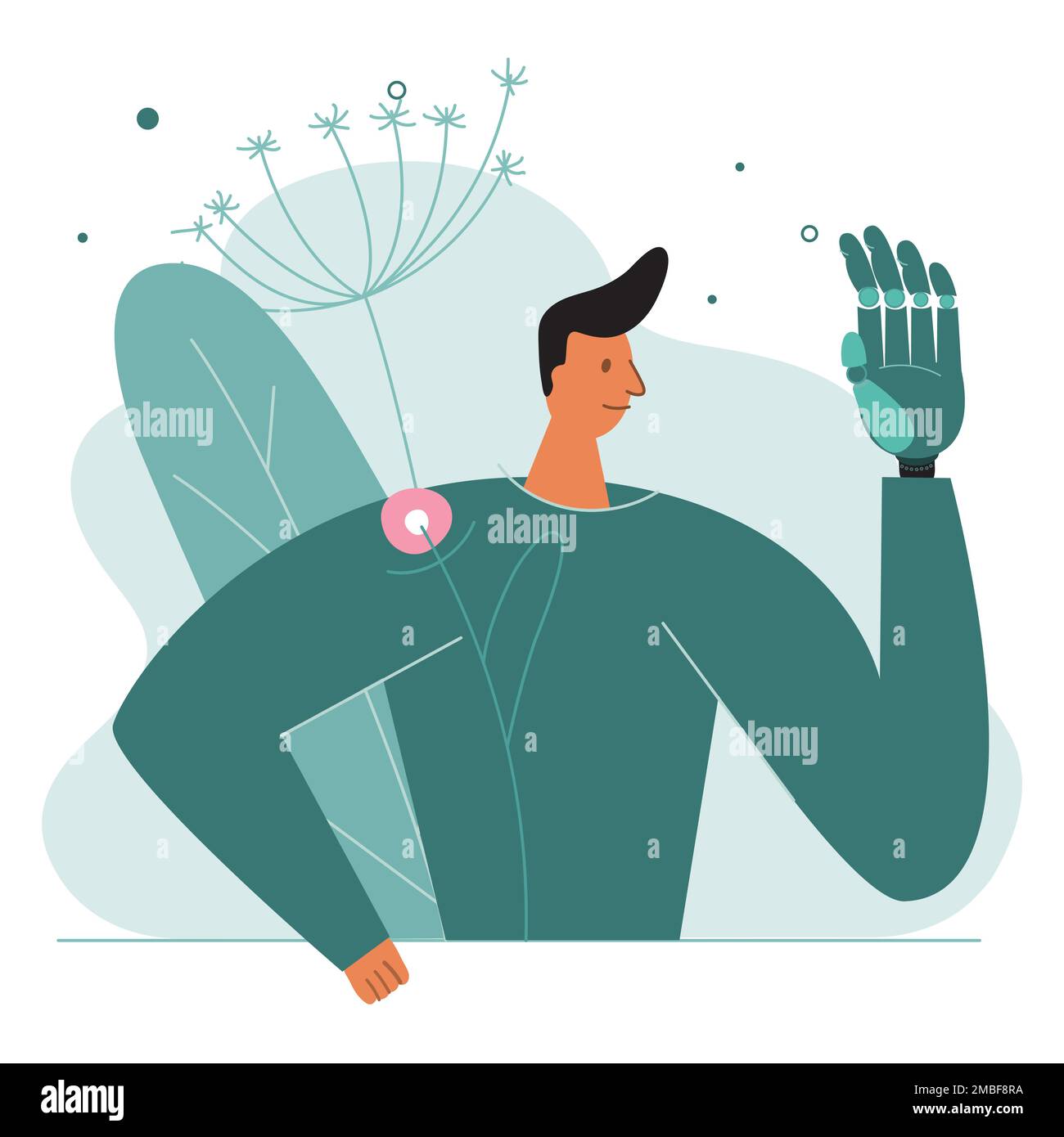 The man with disability and got has titanium implant or prosthesis hand. Vector illustration for poster about BIONIC engineering. Stock Vector
