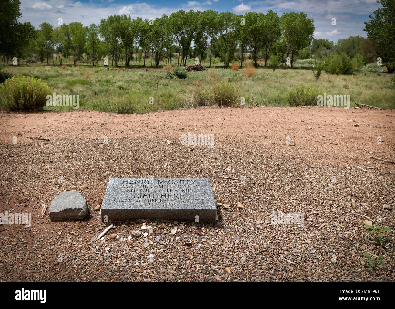 This stone marks the spot where Henry McCarty, aka William H. Bonney, and Billy the Kid died at the Maxwell Ranch in Fort Sumner, New Mexico. Stock Photo