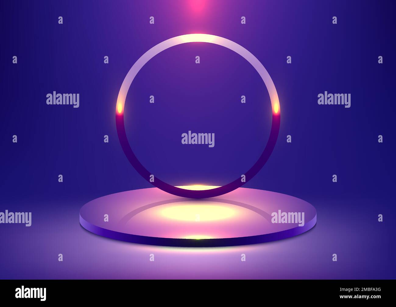 3D realistic studio room blue podium platform pedestal stand with circle backdrop and lighting effect on blue background technology concept. minimal w Stock Vector