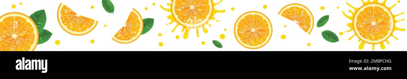 horizontal banner with juicy orange slices on a white background Stock Vector