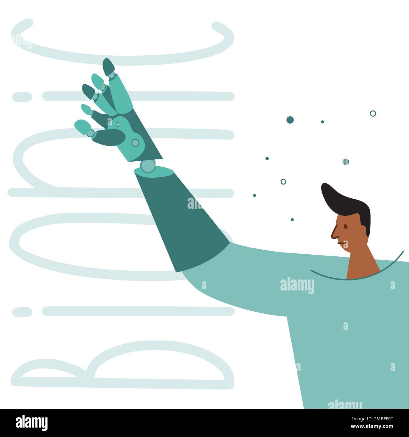The man with disability has bionic titanium implant or prosthesis hand. Vector illustration with phrase BIONIC. Stock Vector