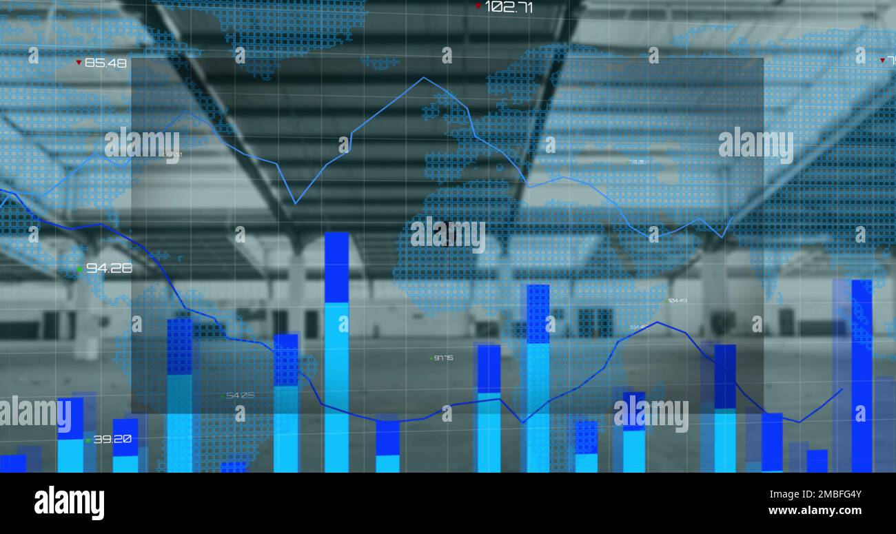 Composition of shapes with globe and data processing over world map and ...