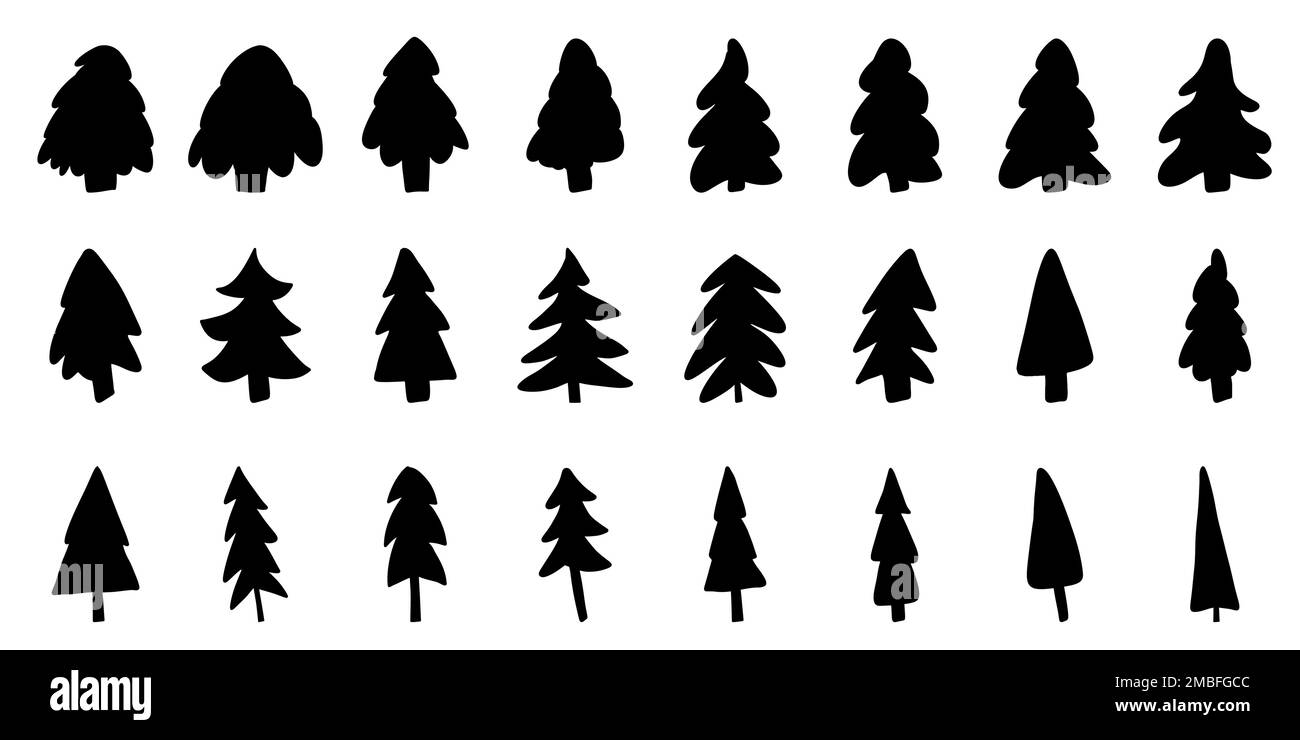 Christmas tree icon. Set of black christmas tree icons on white