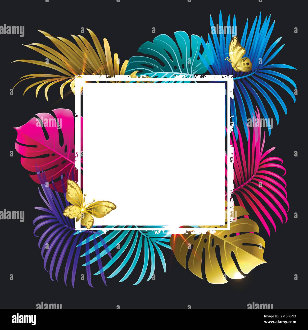 banner with colorful tropical plants and palm branches on black background Stock Vector