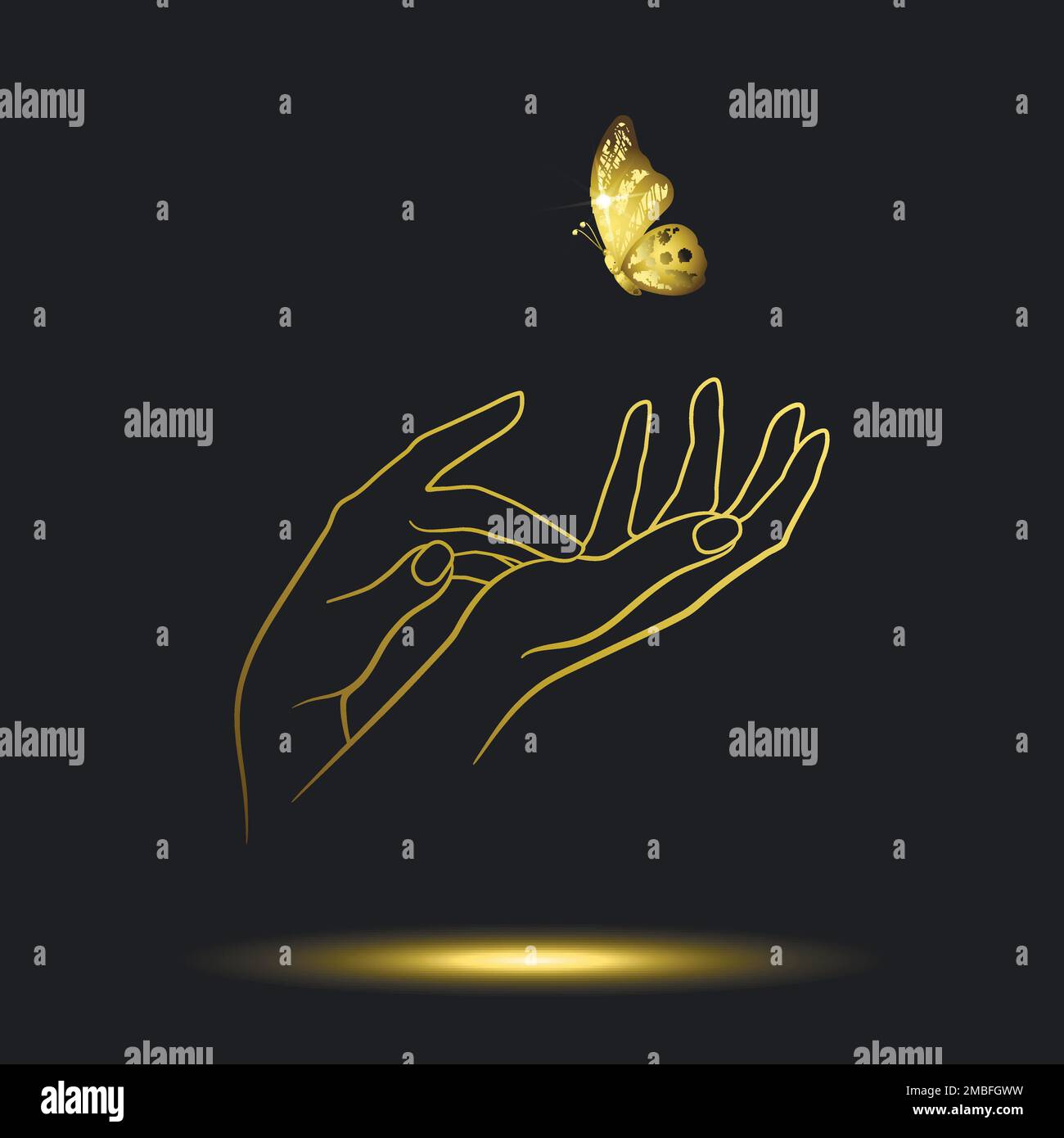 icon of golden female hands with golden butterfly on black background Stock Vector