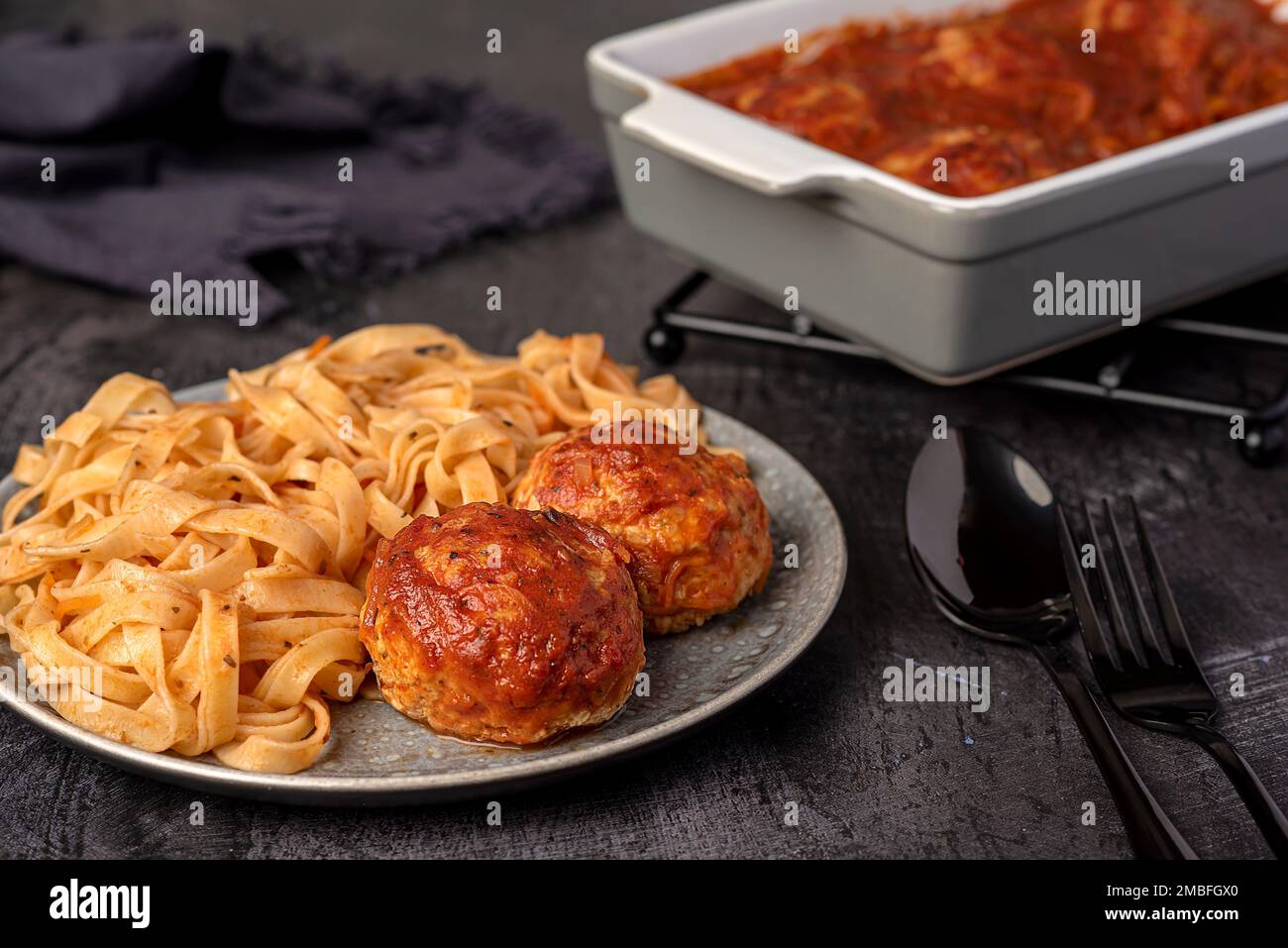 Food photography of meatball, tagliatelle; pasta, minced, beef, chicken