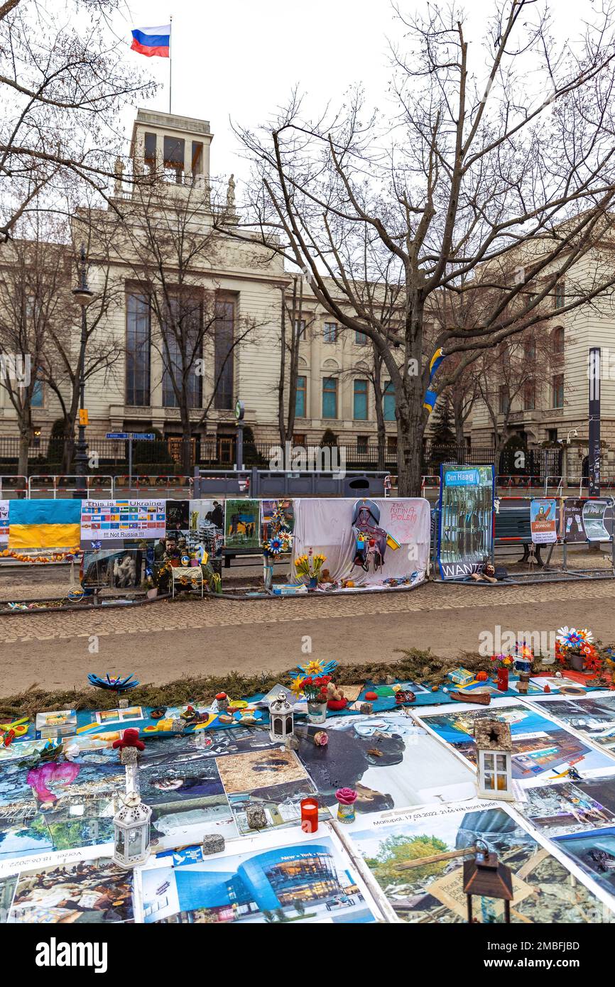 Support for Ukraine in front of the Embassy of Russian Federation in Berlin. Unter den Linden street in Berlin. Stop war in Ukraine. Stock Photo