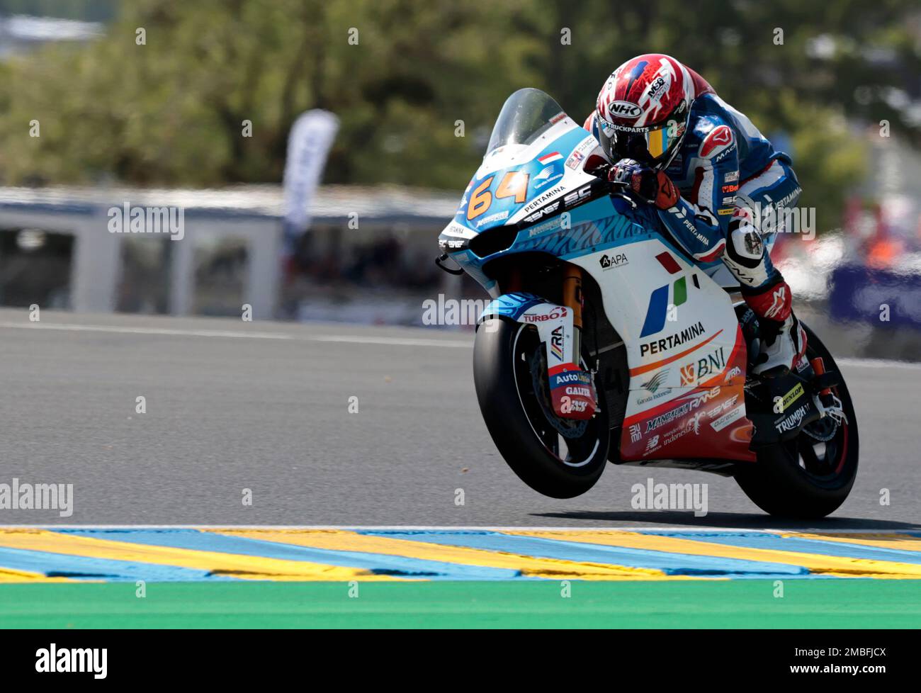 Netherlands rider Bo Bendsneyder of the Pertamina Mandalika SAG Team steers his motorcycle during the Moto2 race of the French Motorcycle Grand Prix at the Le Mans racetrack, in Le Mans, France,