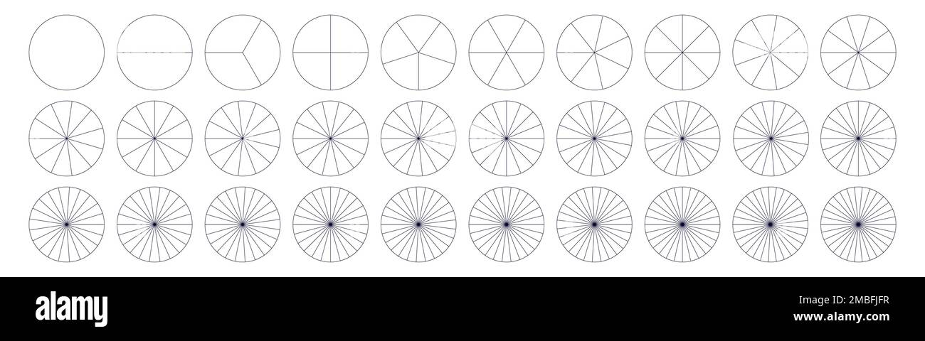 Fractions pie divided for math. Circle pie with pieces. Segment slice set. Simple geometry. Vector isolated illustration Stock Vector