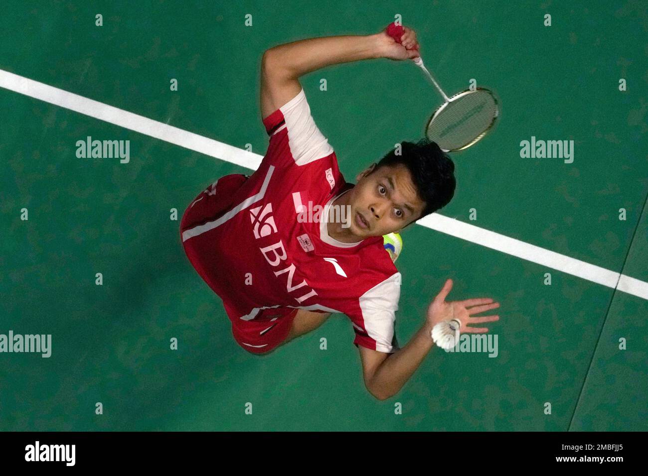 Indonesias Anthony Ginting returns a shot to Indias Lakshya Sen during their mens singles final badminton match at Thomas and Uber Cup in Bangkok, Thailand, Sunday, May 15, 2022