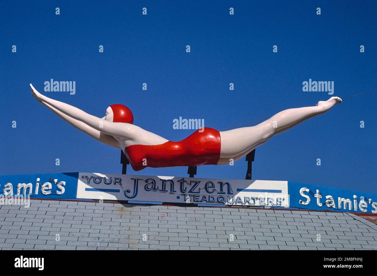 Fiberglass Woman Diver in a Red Bathing Suit, Jantzen, Stamie's Smart Beachwear, Daytona Beach, Florida, USA, John Margolies Roadside America Photograph Archive, 1990 Stock Photo