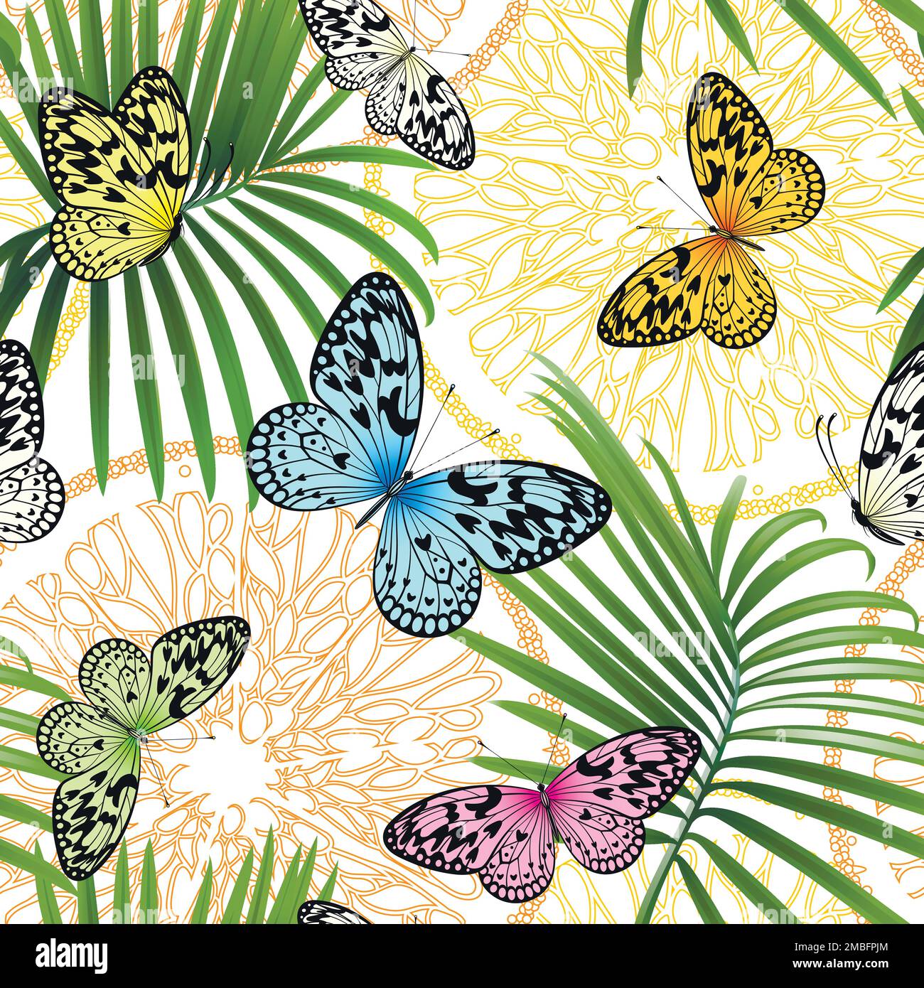 seamless pattern with tropical butterflies and palm branches Stock Vector