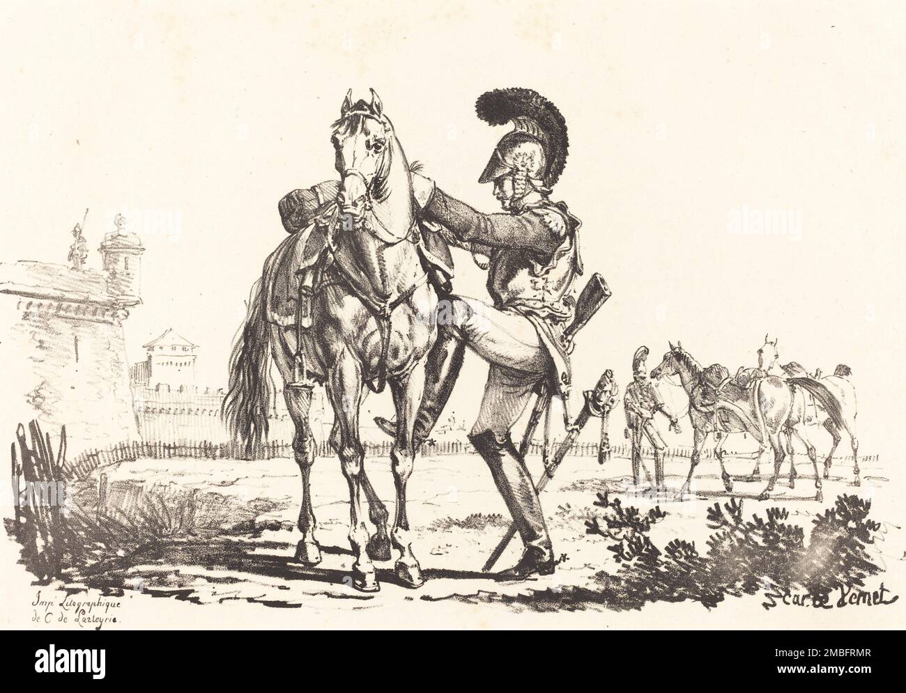Carabinier Mounting a Horse. Stock Photo