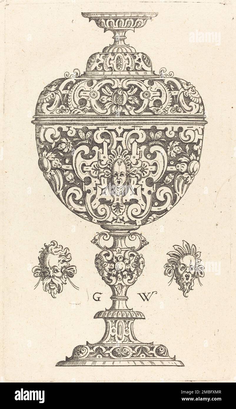 Goblet decorated with a masque with open mouth, published 1579. Stock Photo