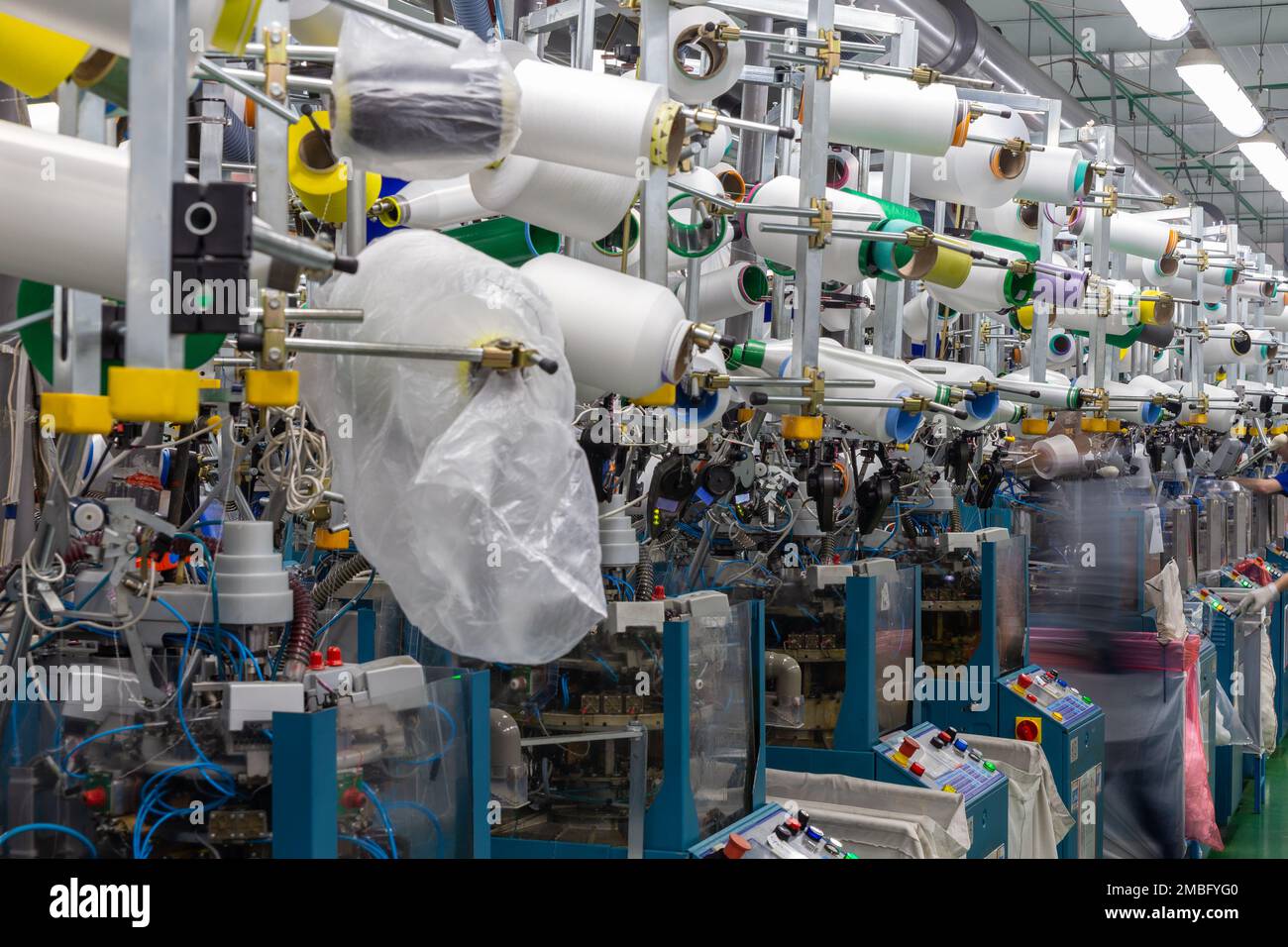 Textile industry with knitting machines in factory Stock Photo Alamy