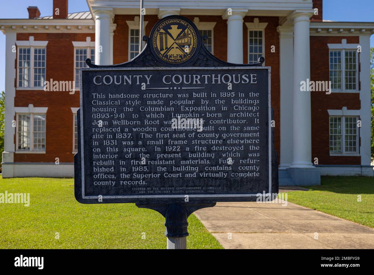 Lumpkin, USA April 19, 2022 Plaque tells the history of the County Courthouse Stock