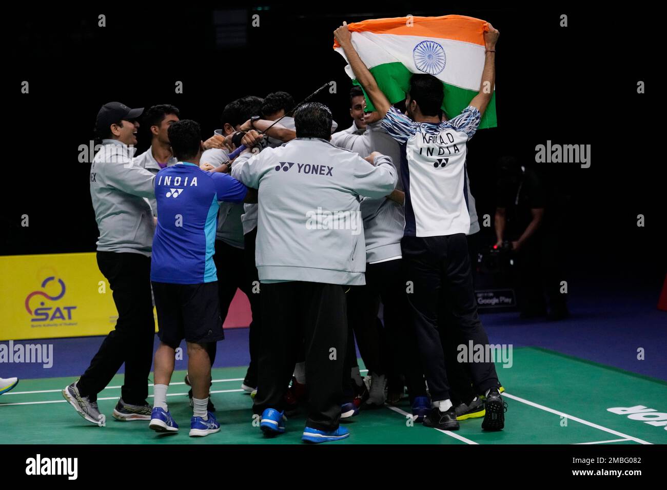 Indias team celebrate after win over Denmarks team during their mens single semi-final match at Thomas and Uber Cup in Bangkok, Thailand, Friday, May 13, 2022