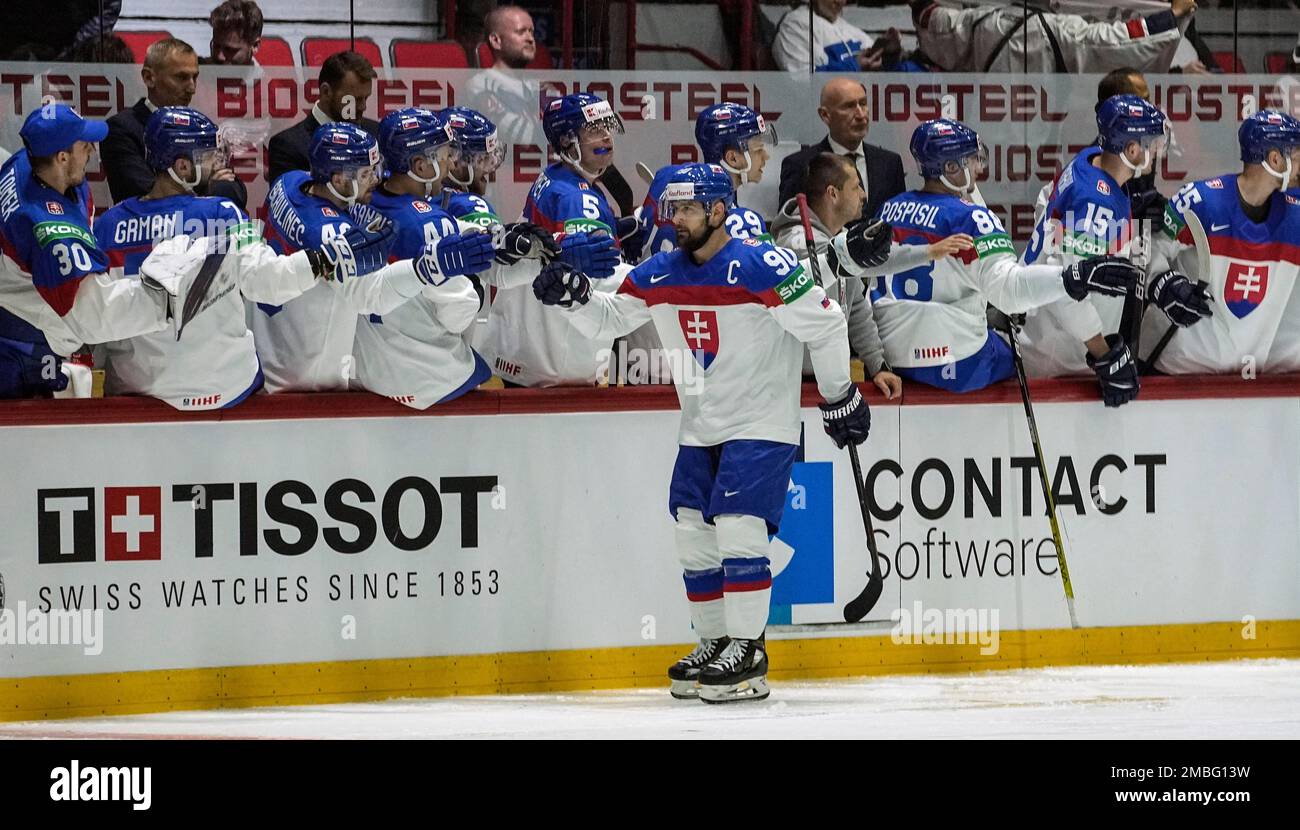 Kosice, Slovakia. 10th May, 2019. Tomas Tatar of Slovakia celebrates  scoring during the 2019 IIHF Ice Hockey World Championship group A game  between the United States and Slovakia at Steel Arena in