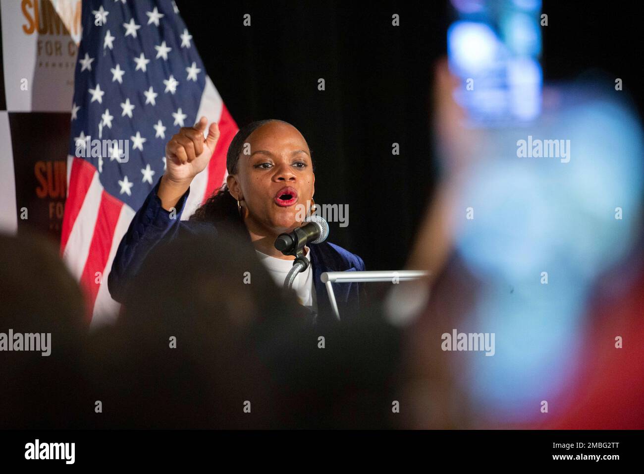 State Rep. Summer Lee, who is seeking the Democratic Party nomination for  Pennsylvania's 12th District . Congressional district, speaks to  supporters before being endorsed by Sen. Bernie Sanders, I-Vt., during a  campaign