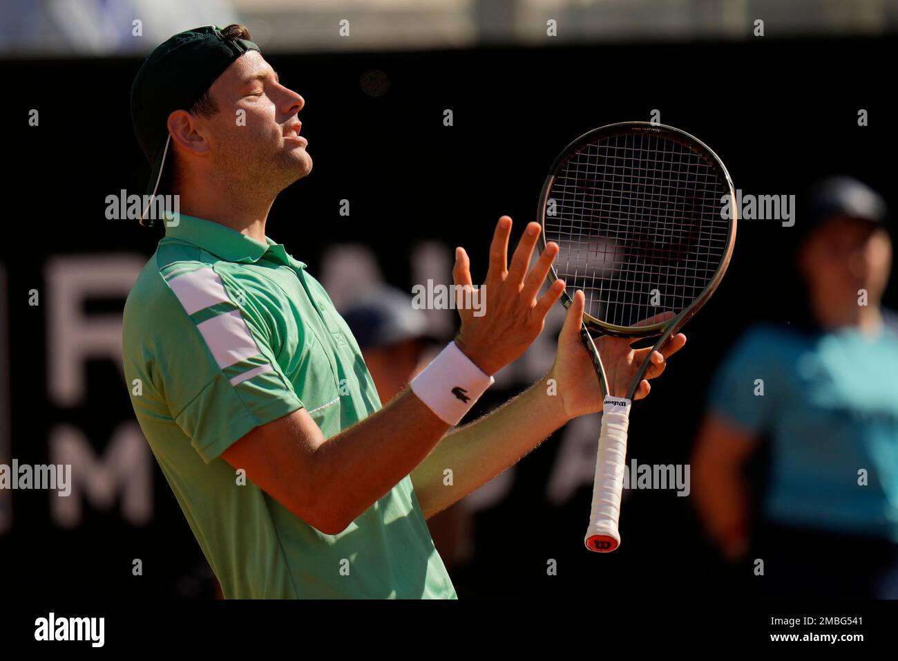 CORRECTS SLUG AND BYLINE Serbias Filip Krajinovic reacts during his match against Italys Jannik Sinner at the Italian Open tennis tournament, in Rome, Thursday, May 12, 2022