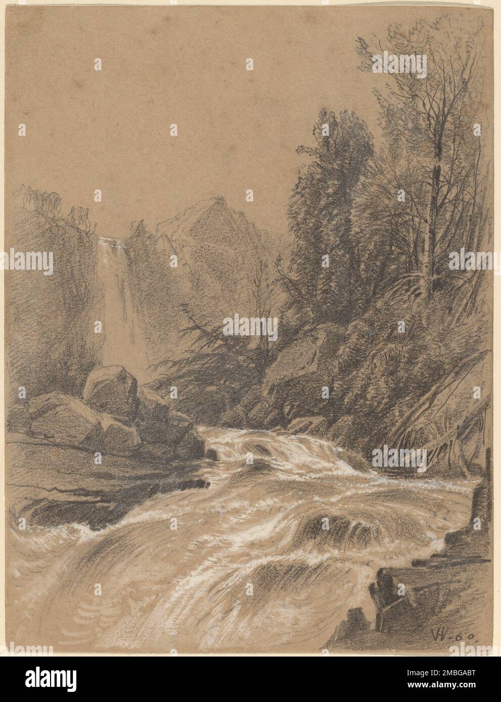 Mountain Landscape, Stream and Waterfall, 1860. Stock Photo