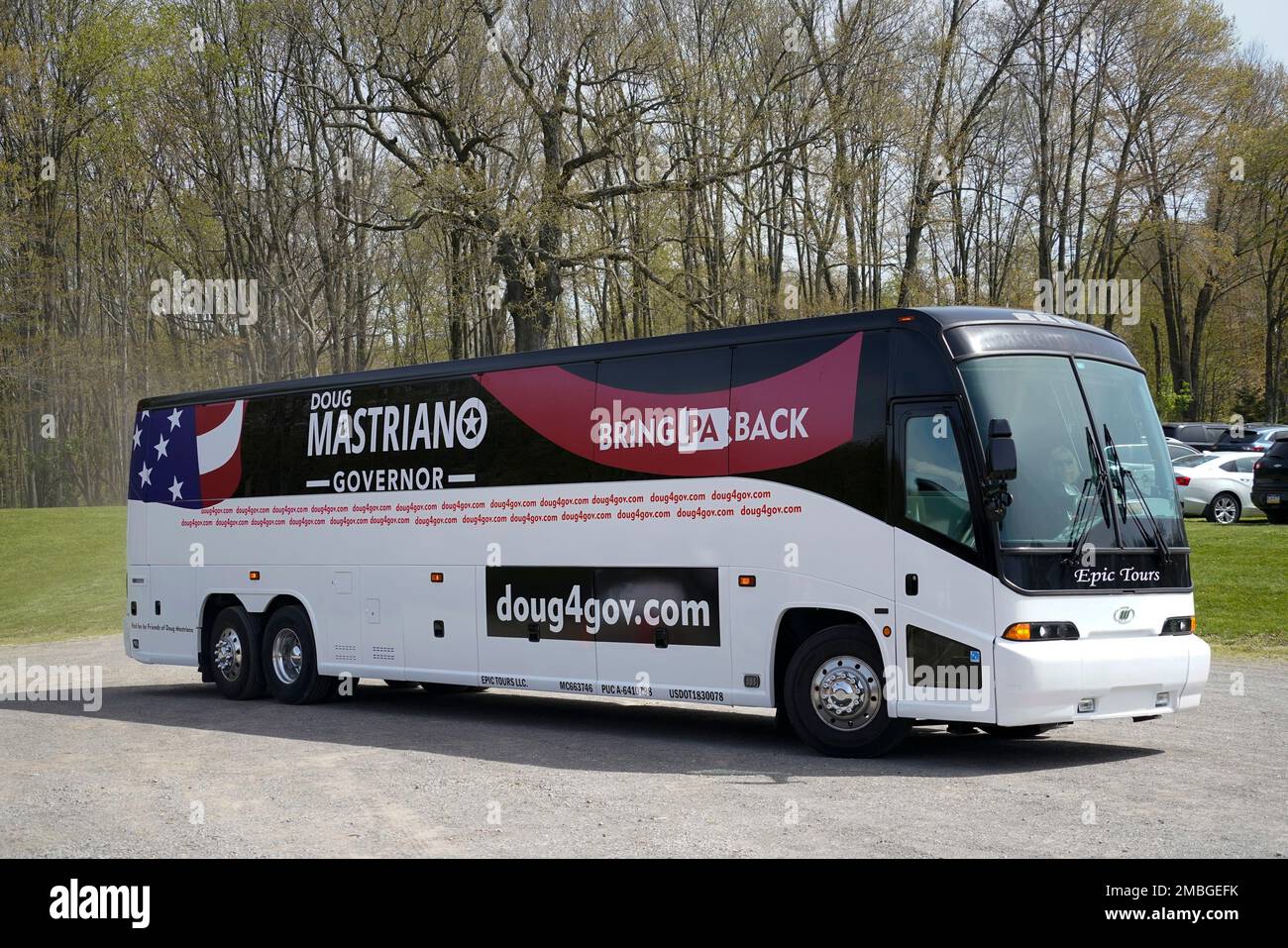 The bus carrying Pennsylvania state Sen. Doug Mastriano, RFranklin, a