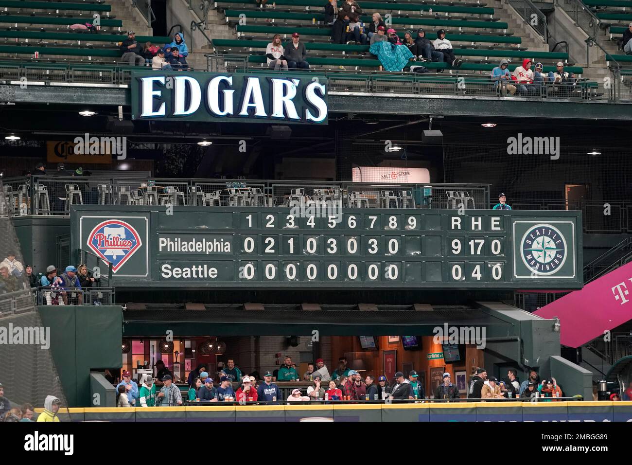 The manual scoreboard is shown during the ninth inning of a baseball ...