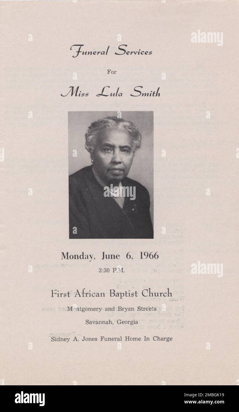 Funeral Services for Miss Lula Smith, 1966. 'First African Baptist Church, Montgomery and Bryan Streets, Savannah, Georgia. Sidney A. Jones Funeral Home in Charge'. (Shivery family papers). Lula Smith qualified as a teacher in 1924. Stock Photo