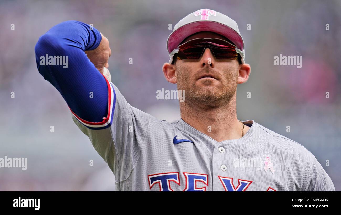 Texas Rangers' Brad Miller during the first inning of the first game of a  baseball double-header against the New York Yankees at Yankee Stadium,  Sunday, May 8, 2022, in New York. (AP