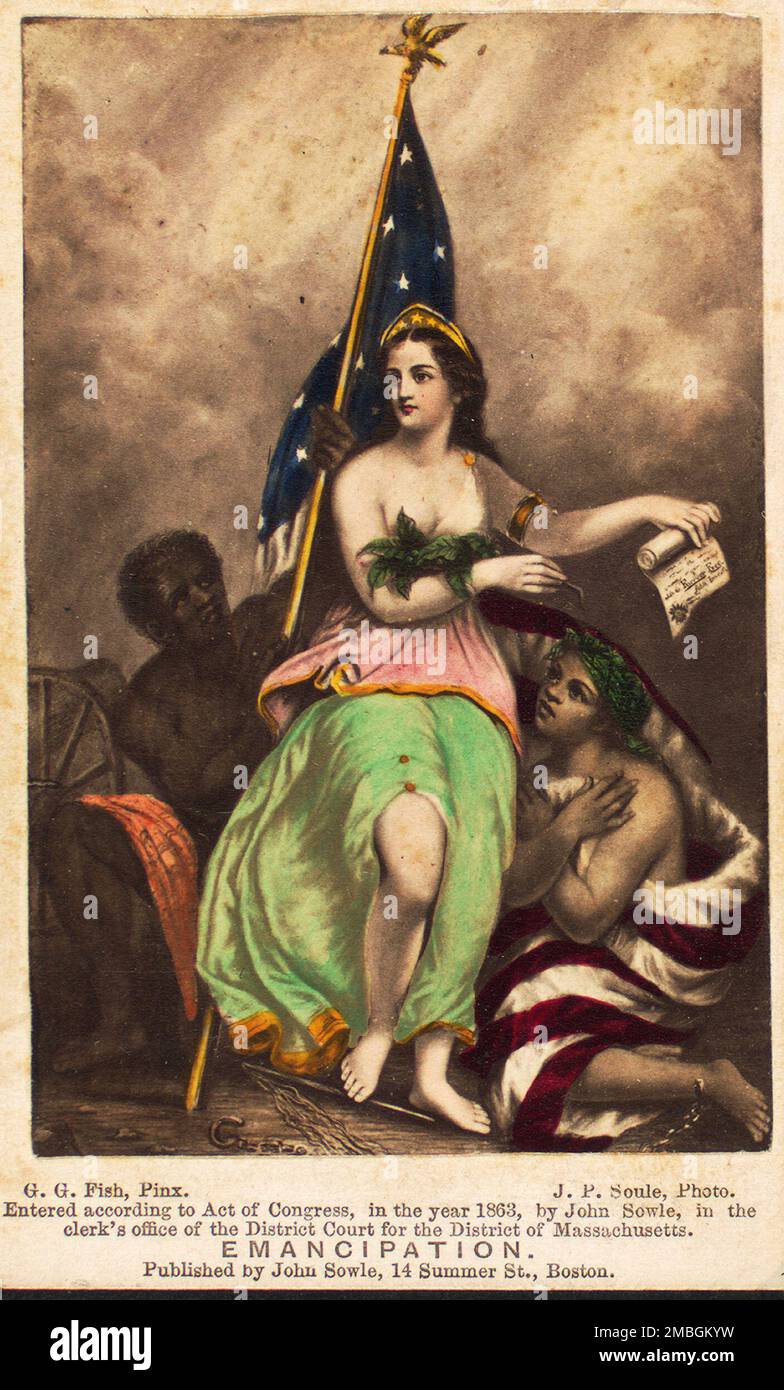 Emancipation, 1863. Additional title: Emancipation, a propaganda drawing depicting a female figure  holding a scroll, surrounded by a male and a female slave, wrapped in the United States flag. Stock Photo