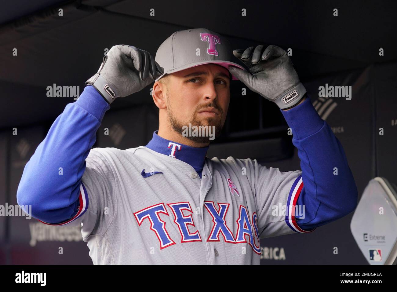 Texas Rangers' Nathaniel Lowe before the first game of a baseball  double-header against the New York Yankees at Yankee Stadium, Sunday, May  8, 2022, in New York. (AP Photo/Seth Wenig Stock Photo 
