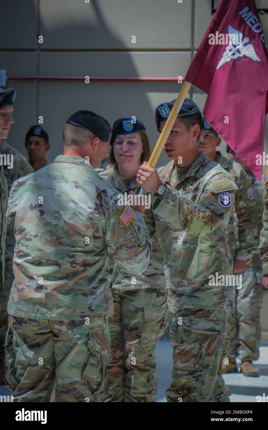 Blanchfield Army Community Hospital’s Medical Department Activity (MEDDAC) company held a Change of Command ceremony June 15, 2022, at Fort Campbell, Kentucky, where Capt. Huy T. Nguyen relinquished command to Capt. Joshua J. Lockwood. Stock Photo