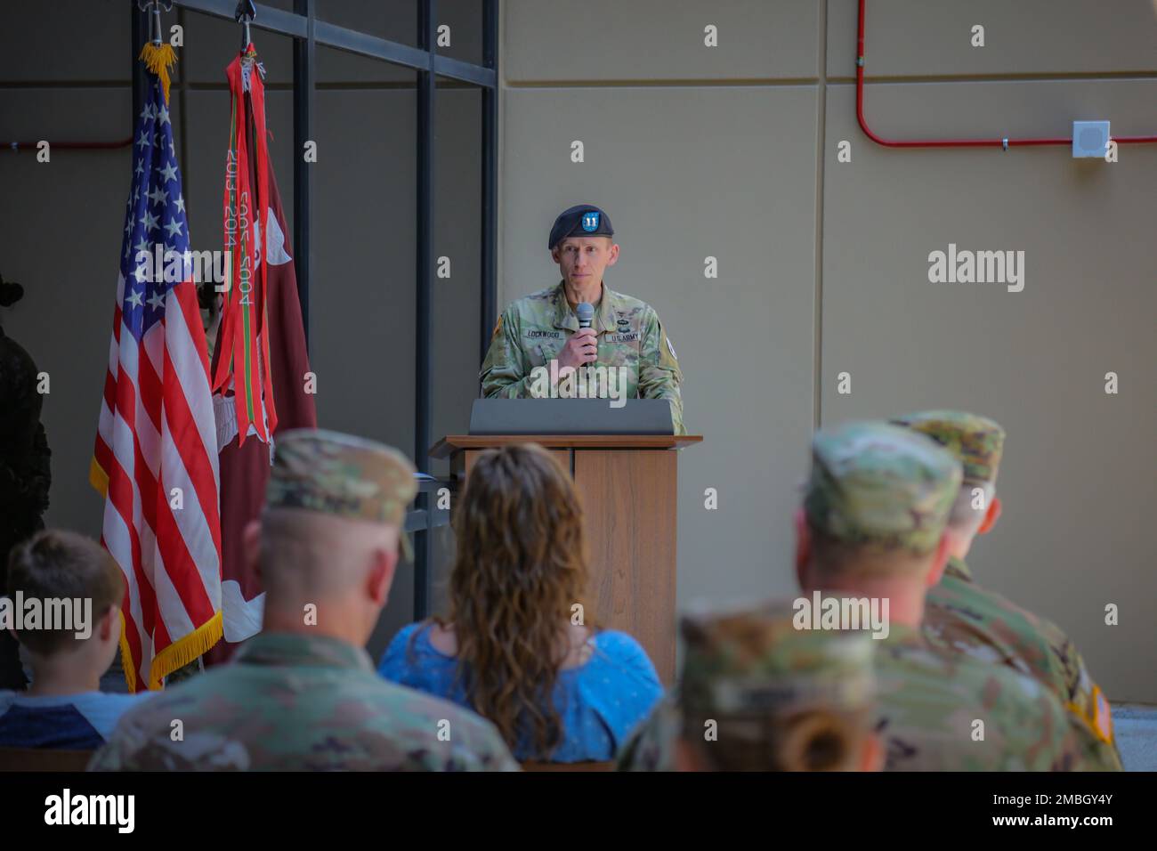Blanchfield Army Community Hospital’s Medical Department Activity (MEDDAC) company held a Change of Command ceremony June 15, 2022, at Fort Campbell, Kentucky, where Capt. Huy T. Nguyen relinquished command to Capt. Joshua J. Lockwood. Stock Photo