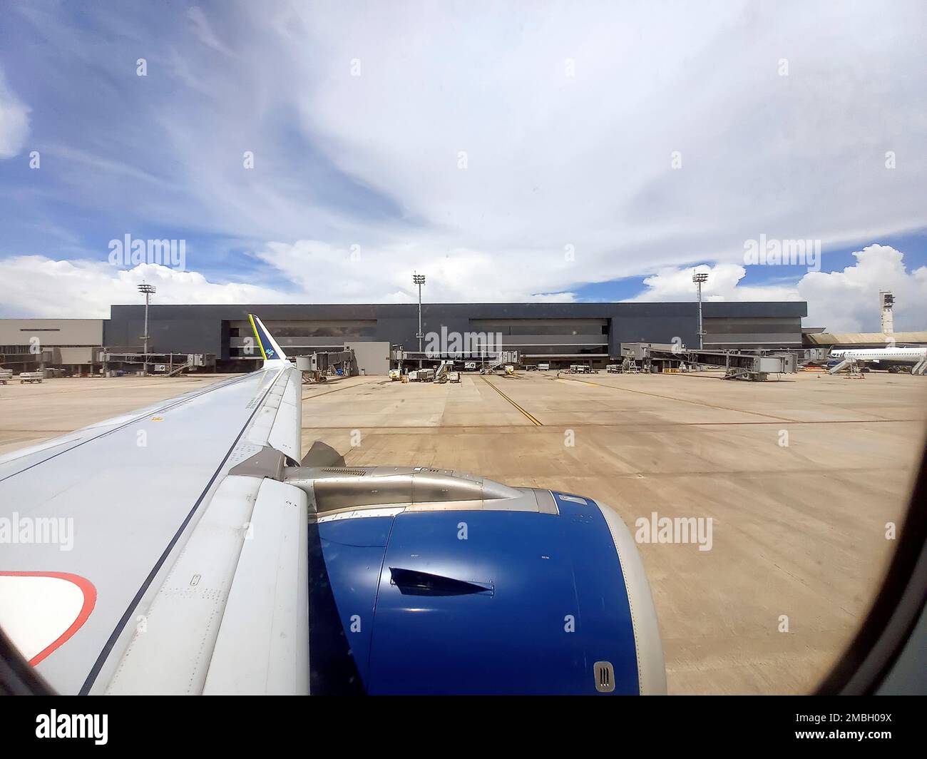 Confins, MG, Brazil - January 11, 2023:  Azul airline airplane at Confins airport, Belo Horizonte - view from inside the plane Stock Photo