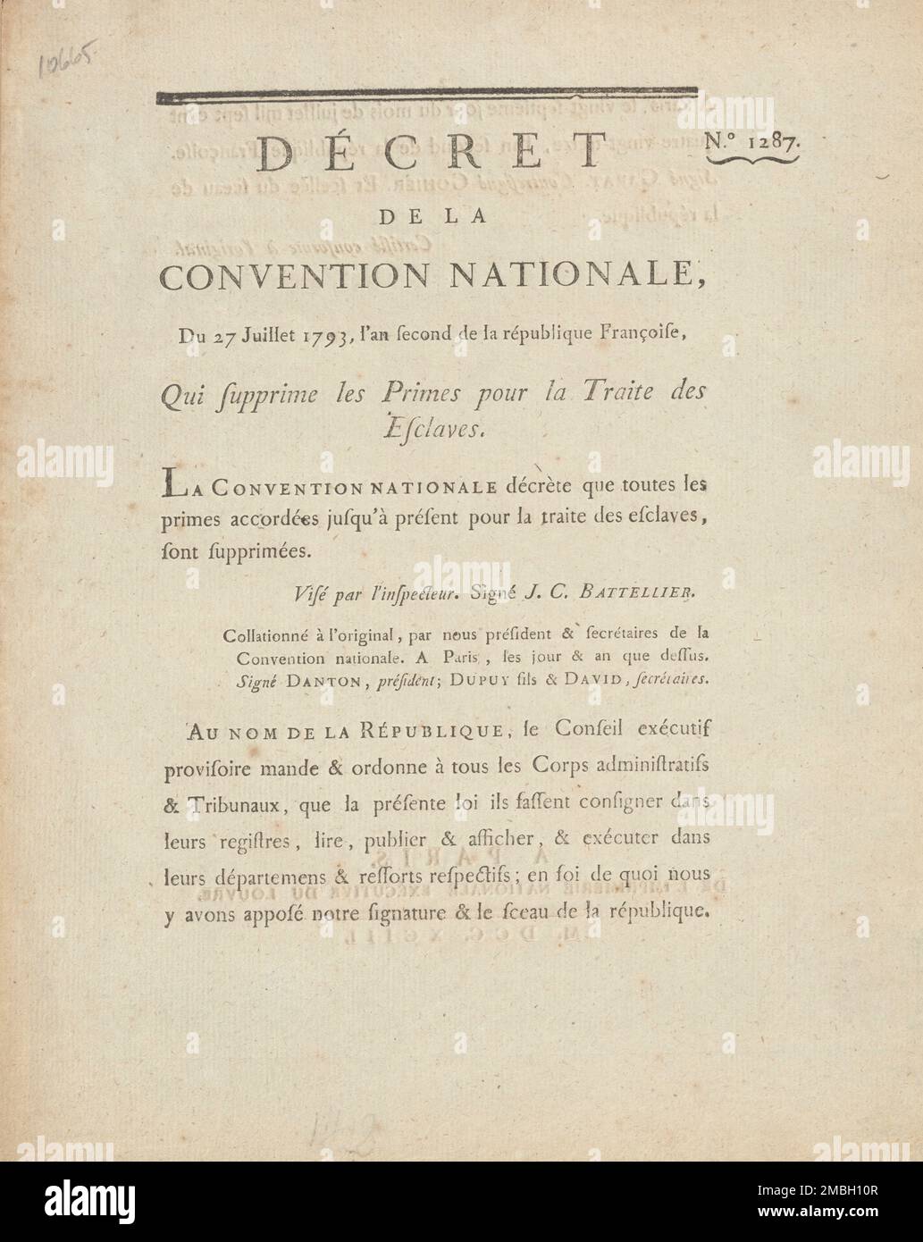 D&#xe9;cret de la Convention nationale, du 27 juillet 1793: l'an second de la R&#xe9;publique Fran&#xe7;oise, qui supprime les primes pour la traite des esclaves, 1793-07-27. Slave trade document in French. Regarding Saint-Domingue in particular, issued by the French Royal Council and the National Convention. A chronological run of the Arretes du Conseil d&#x2019;Etat du Roi. The first appoints a commission to oversee the French colonies. The second gives the Compagnie de la Guyane exclusive rights to the West African slave trade out of Goree in Africa. The third sets out the rules regulating Stock Photo