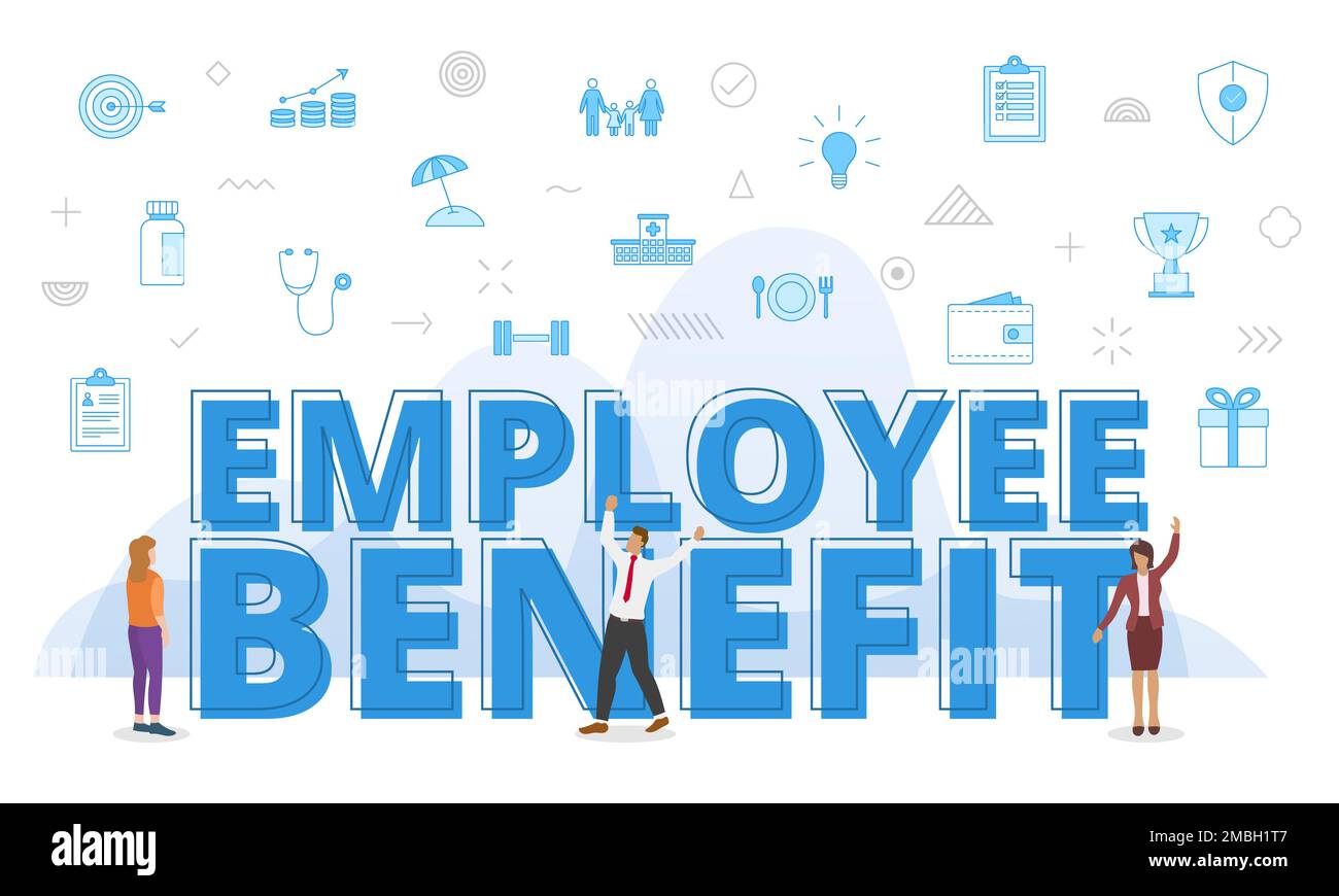 employee benefits concept with big words and people surrounded by ...