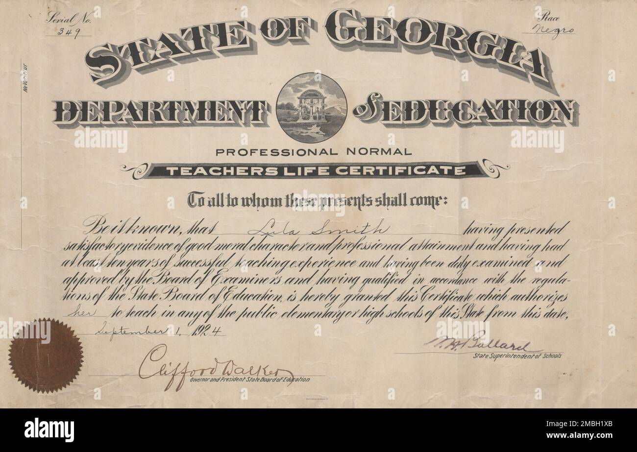 Teaching certificate, 1924. 'State of Georgia Department of Education, Professional Normal Teachers Life Certificate' awarded to Lula Smith, an African-American woman, signed by Clifford Walker, Governor and President State Board of Education, and M. Ballard, State Superintendent of Schools. Stock Photo