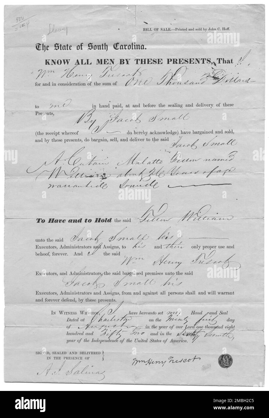 Bill of sale for mulatto man for $1000, 1800-1865.  Document referring to a mixed-race slave. 'The state of South Carolina. Know all men by these presents, that I, Wm. Henry Trescot for and in consideration of the sum of one thousand dollars to me in hand paid, at and before the sealing and delivery of these Presents, by Jacob Small (the receipt whereof I do hereby acknowledge) have bargained and sold, and by these presents, do bargain, sell, and deliver to the said Jacob Small A [Certain?] Mulatto Fellow named William about 26 years of age [illegible] To have and to Hold the said Fellow Willi Stock Photo