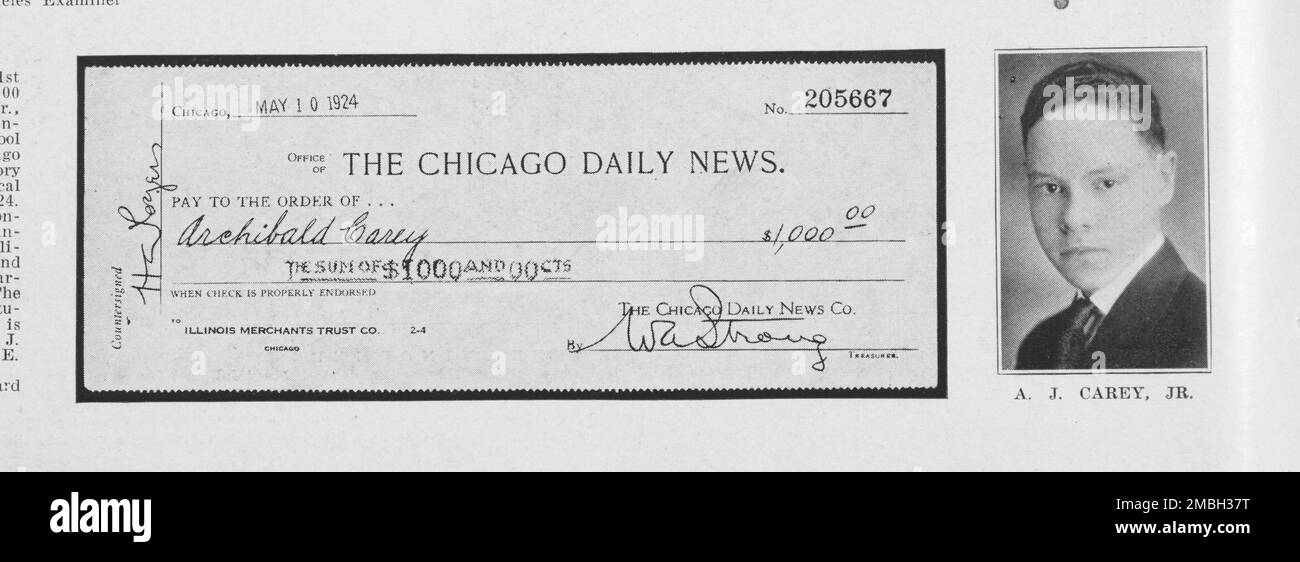 A.J. Carey, Jr.; The Chicago Daily News [1st prize check], 1925 Stock ...