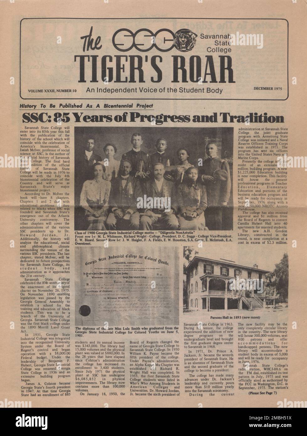 The Tiger's Roar: An Independent Voice of the Student Body, Volume XXXII, 1975-12. 'History to be Published as a Bicentennial Project. SSC [Savannah State College]: 85 Years of Progress and Tradition. [Portrait photo]. Class of 1900 Georgia State Industrial College motto - &quot;Diligentia non Astutia&quot;. Front row l-r: M. L. Whitmore, Richard Wright - College, President, D. C. Suggs - College Vice-President, E. W. Bisard. Second Row l-r: J. W. Haigler, F. A. Fields, E. W. Houston, S. A. Grant, E. McIntosh, E. A. Overstreet'. Photos of 'The diploma of the late Miss Lula Smith who graduated Stock Photo