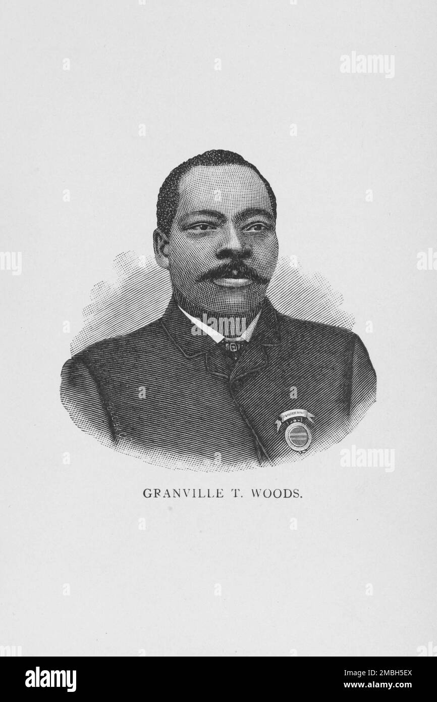 Granville T. Woods, 1887. Inventor Granville Tailer Woods, the first African American mechanical and electrical engineer after the Civil War. Invented the Synchronous Multiplex Railway Telegraph which sent messages between train stations and moving trains. From &quot;Men of Mark: Eminent, Progressive and Rising&quot; by William J. Simmons. Stock Photo