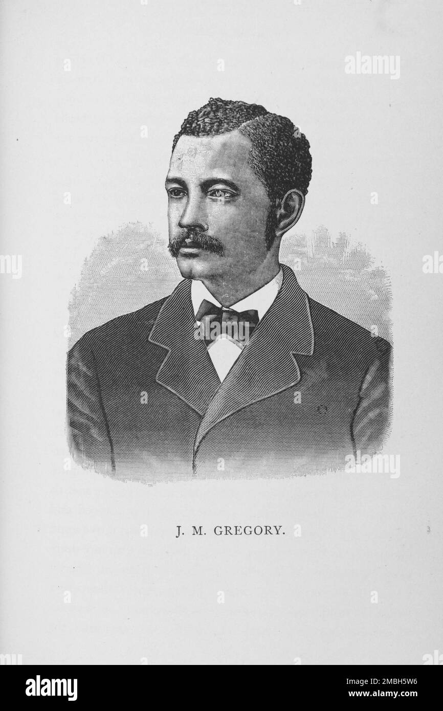 J. M. Gregory, 1887. James Monroe Gregory, African-American civil rights activist and professor of Latin and Dean at Howard University. During the American Civil War, he worked for the education and aid of escaped slaves. Gregory founded the American Association of Educators of Colored Youth, and published a biography of Frederick Douglass. From &quot;Men of Mark: Eminent, Progressive and Rising&quot; by William J. Simmons. Stock Photo