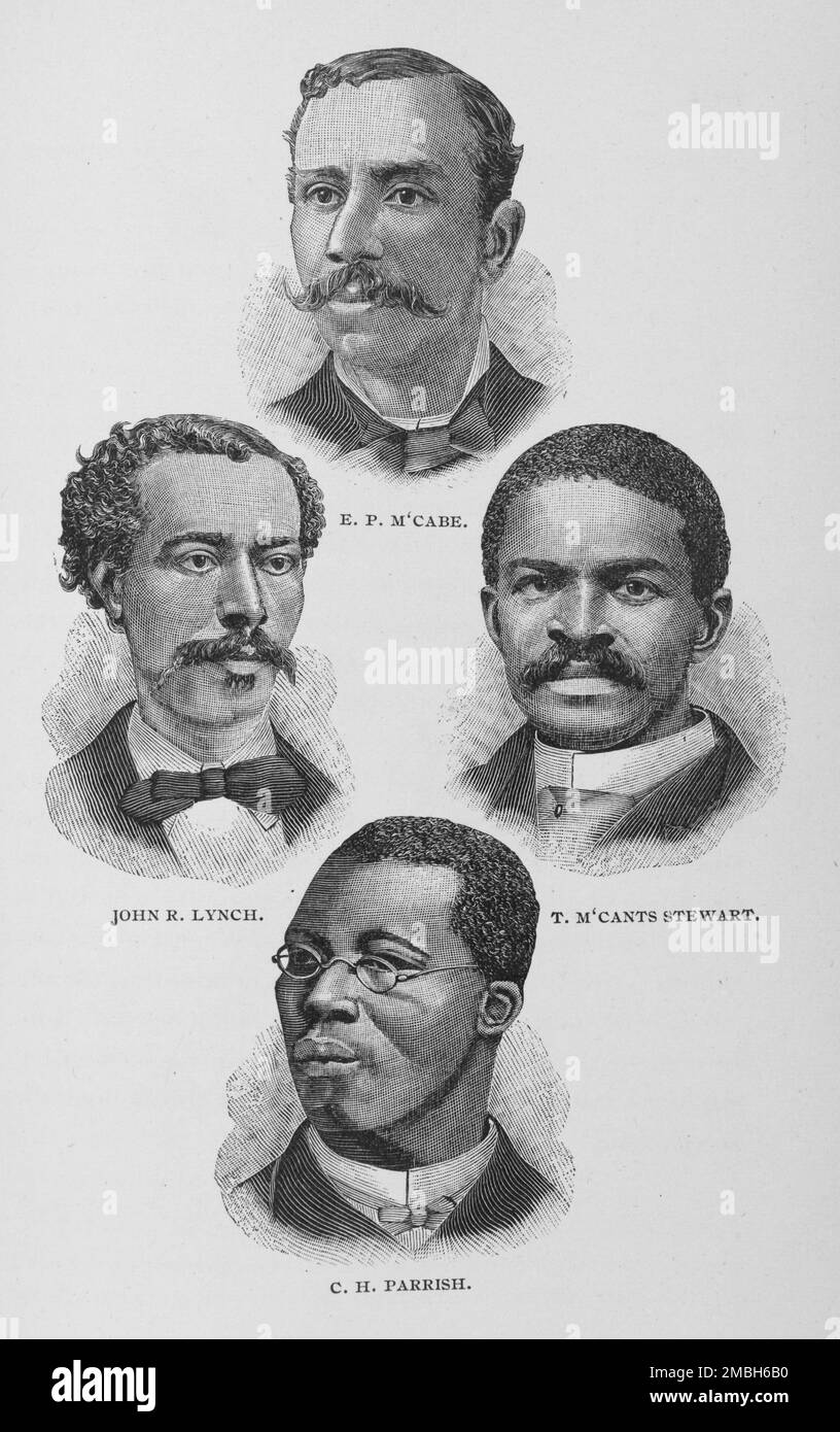 E. P. M'Cabe, John R. Lynch, T. M'Cants Stewart, C. H. Parrish, 1887. Prominent African-Americans. Settler, attorney and land agent Edward P. McCabe. Writer and military officer John Roy Lynch. Clergyman, lawyer and civil rights leader homas McCants Stewart. Minister and educator Charles Henry Parrish. From &quot;Men of Mark: Eminent, Progressive and Rising&quot; by William J. Simmons. Stock Photo