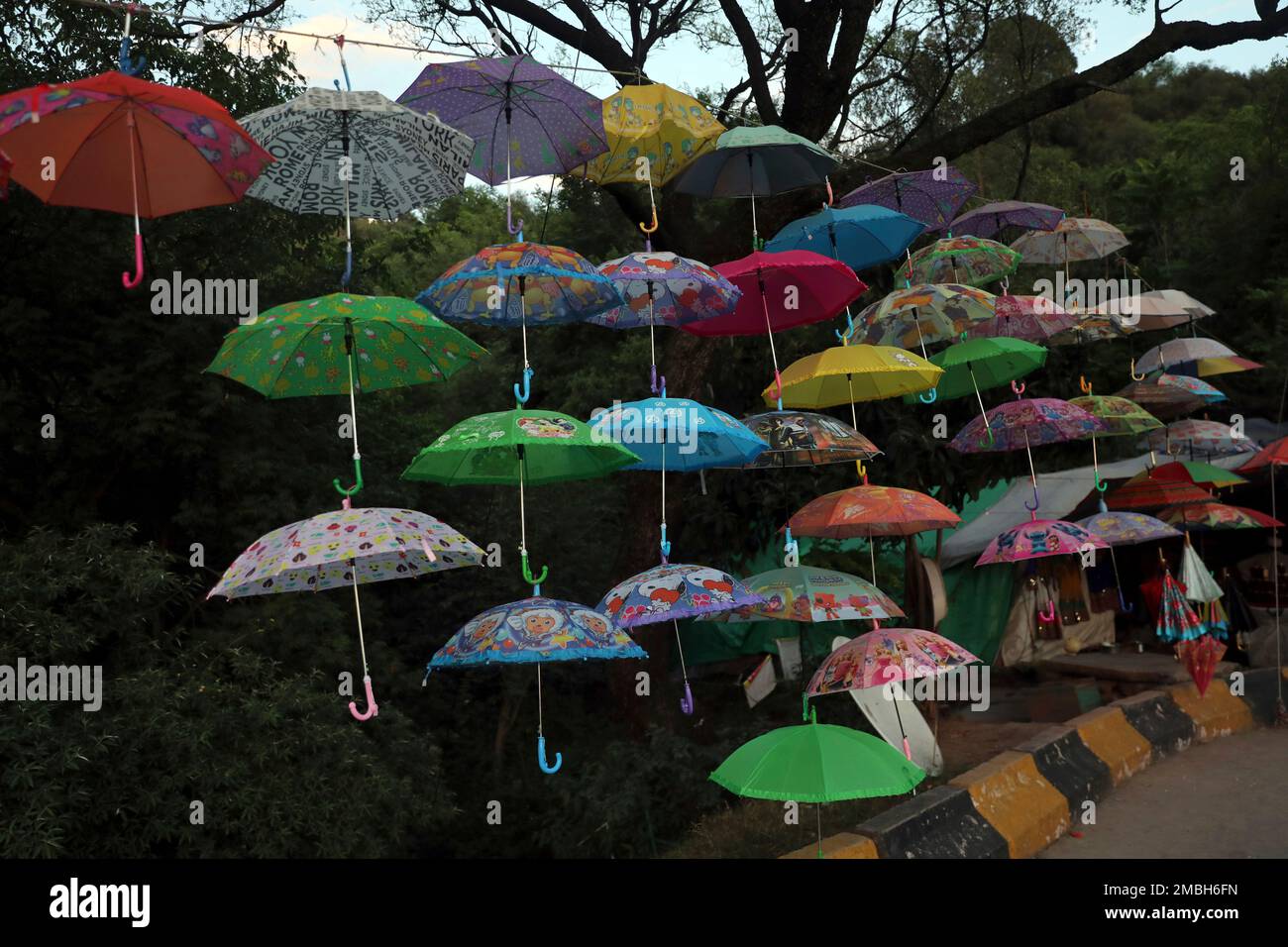 Umbrellas are displayed for sale by a Pakistani vendor on a roadside in