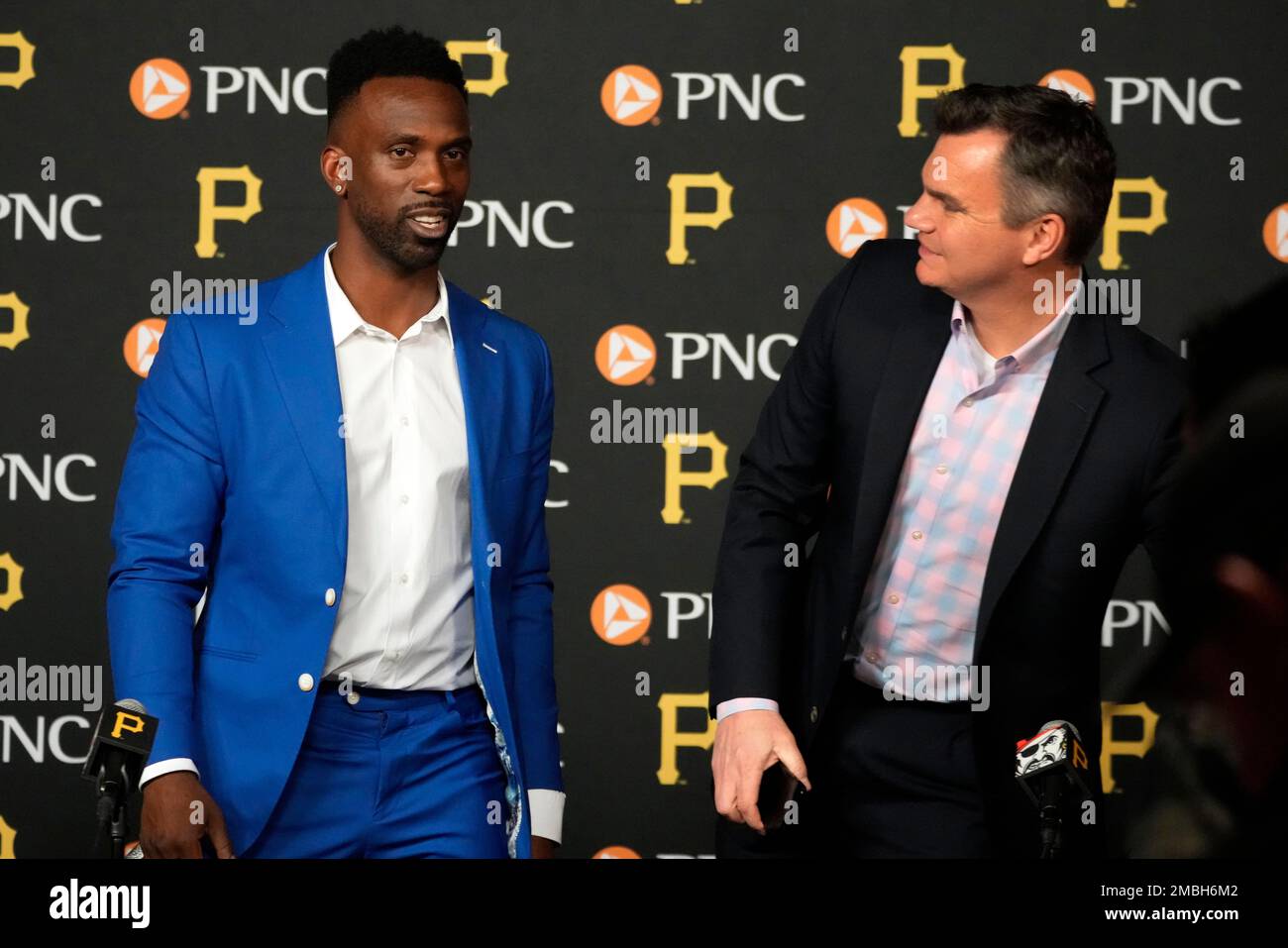 Pittsburgh Pirates' Andrew McCutchen stands in the dugout before a baseball  game against the Colorado Rockies in Pittsburgh, Monday, May 8, 2023. (AP  Photo/Gene J. Puskar Stock Photo - Alamy