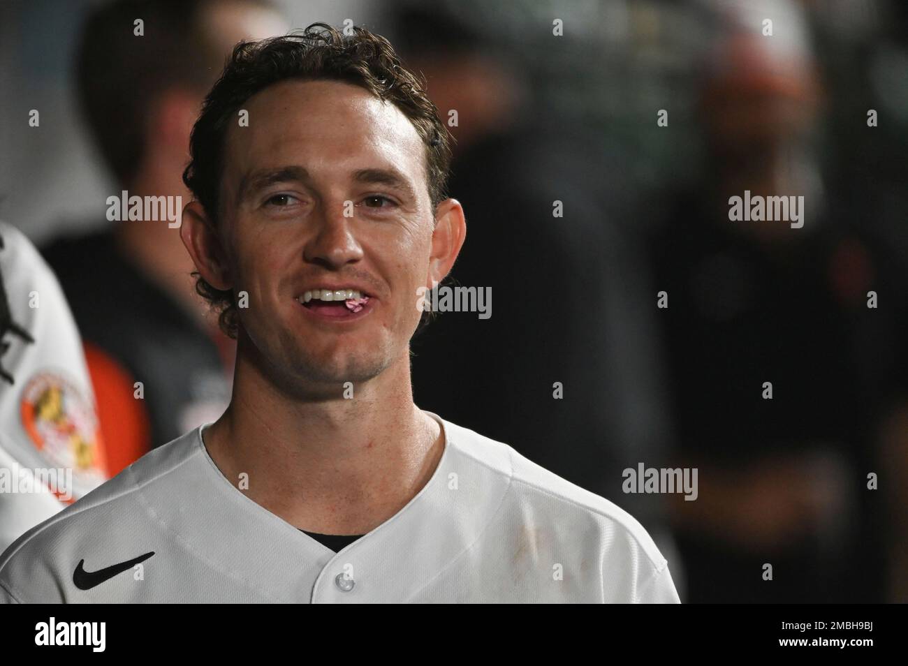 Baltimore Orioles left fielder Austin Hays looks on from the dugout during  the second inning of a baseball game against the Tampa Bay Rays, Wednesday,  July 27, 2022, in Baltimore. (AP Photo/Julio