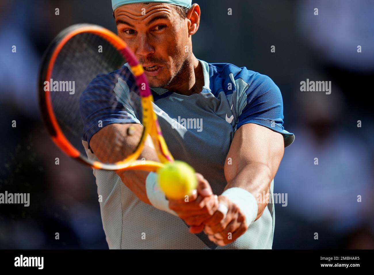 Spains Rafael Nadal returns the ball against David Goffin of Belgium during their match at the Mutua Madrid Open tennis tournament in Madrid, Spain, Thursday, May 5, 2022