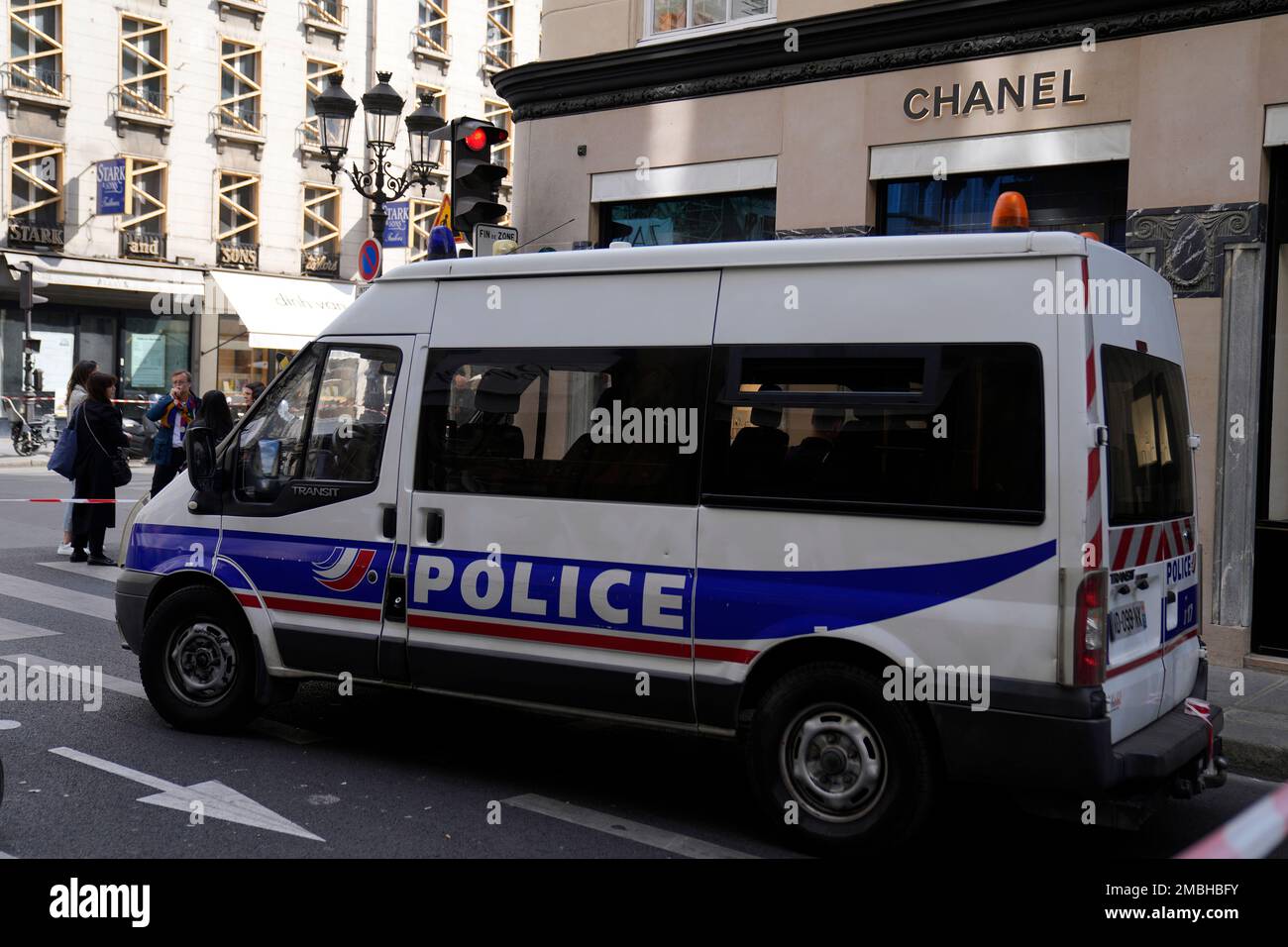 A police van parks outside a Chanel in a Chanel after a hold-up Thursday, May 5, 2022 in Paris. No details were immediately available about what was stolen in the luxury fashion A police van parks outside a Chanel in a Chanel after a hold-up Thursday, May 5, 2022 in Paris. No details were immediately available about what was stolen in the luxury fashion